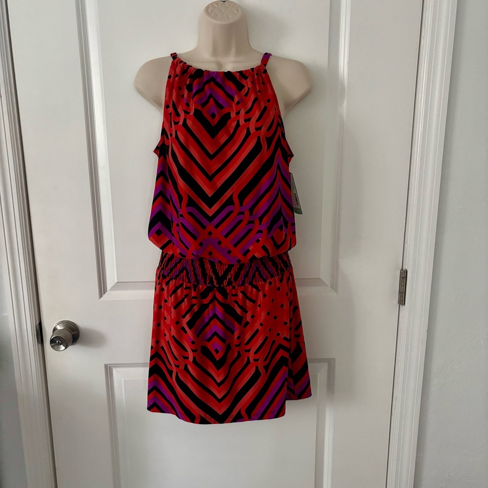Trina Turk Red and Purple Geometric Mini Dress